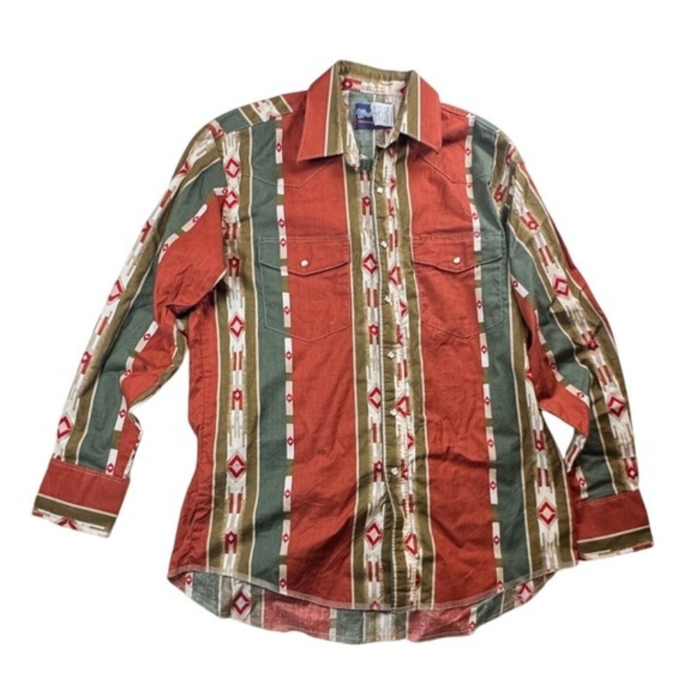 Vintage Wrangler Western Shirt Mens L Aztec Geometric‎ Stripe Pearl Snap - Picture 2 of 10